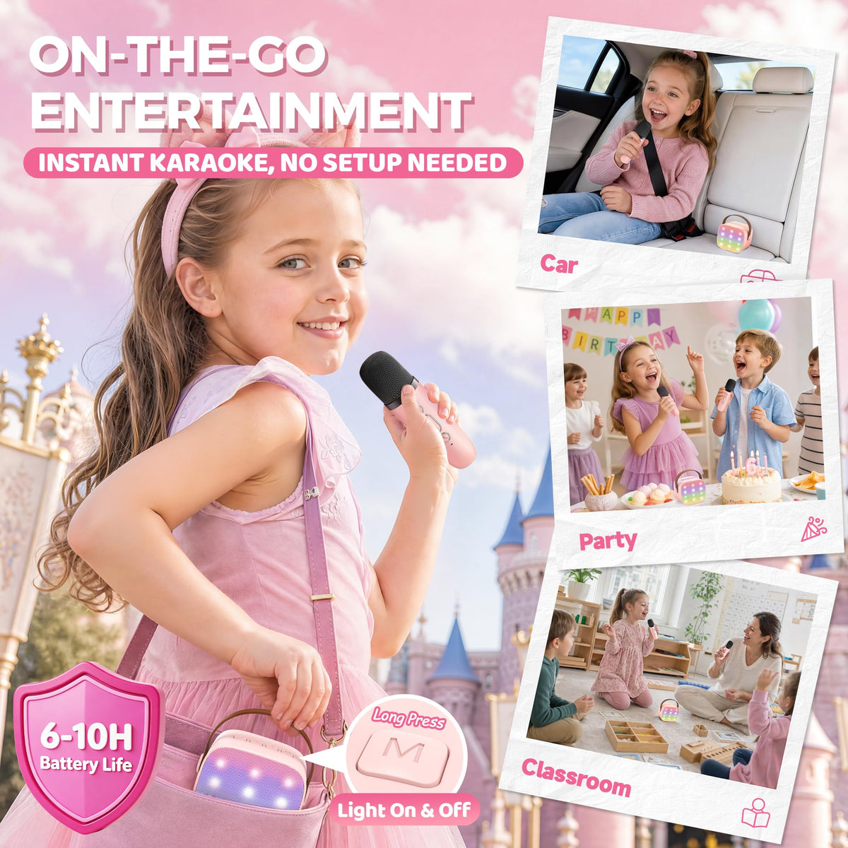 YLL Kids' Mini Karaoke Machine with 2 Wireless Microphones, Pink