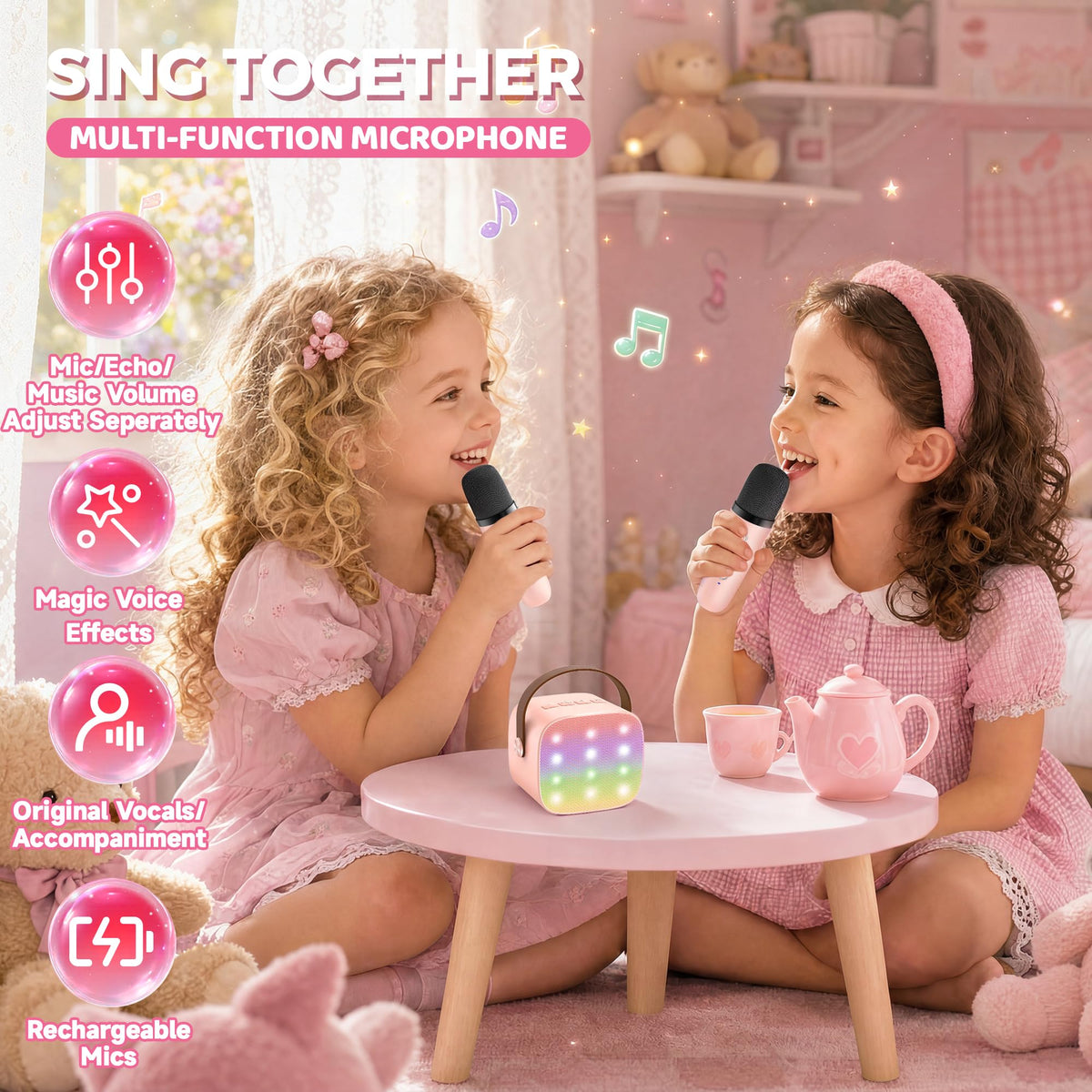 YLL Kids' Mini Karaoke Machine with 2 Wireless Microphones, Pink