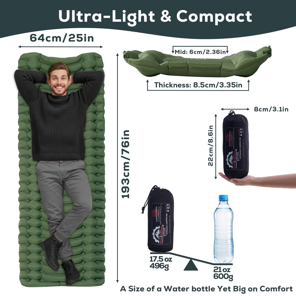 Gear Doctors Ether Ultralight Camping Sleeping Pad, 500 g