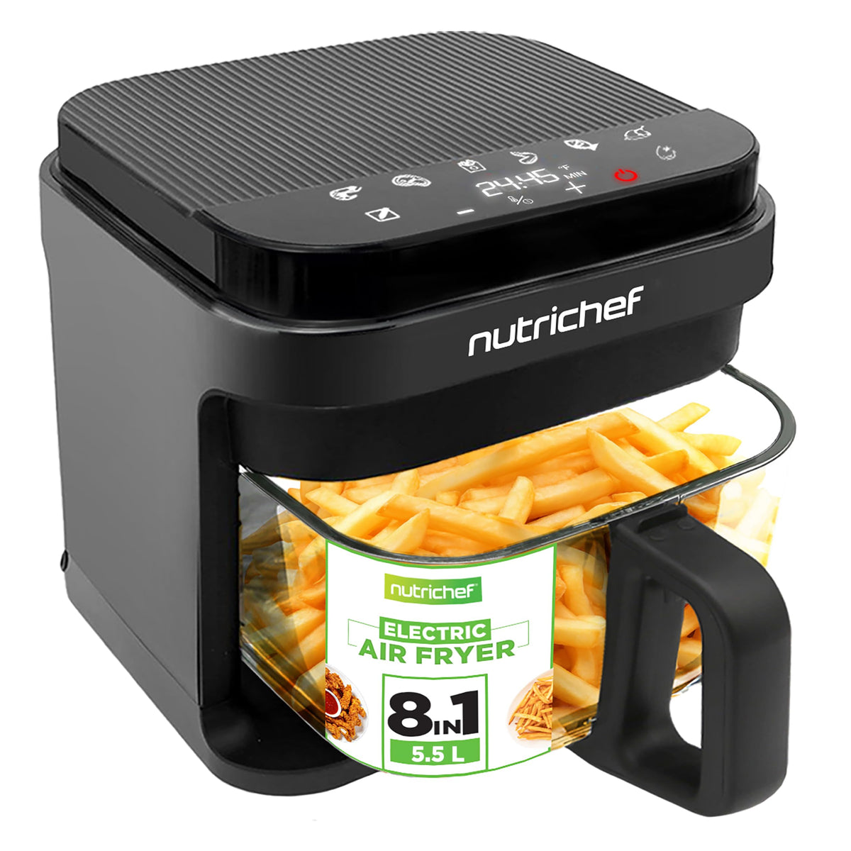 Nutrichef Air Fryer, 8 Preset Cook Modes, Black, 5.8 Quart