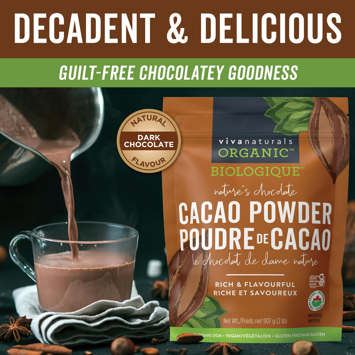 Viva Naturals Organic Cacao Powder, Unsweetened, 907 g