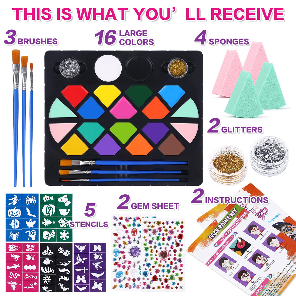 Bobisuka Water-Based Face Paint Kit for Kids, 16 Colours