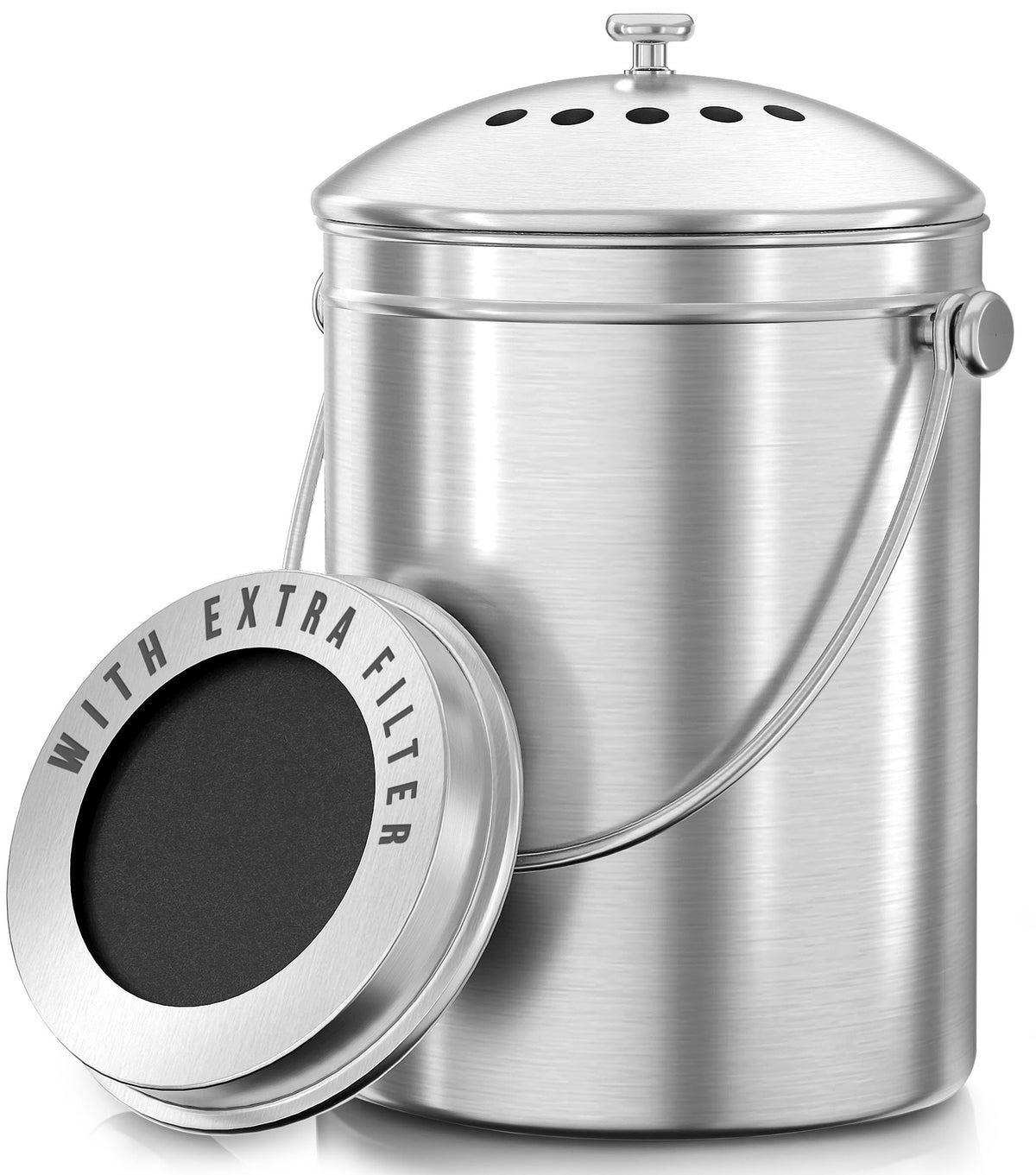 Kichly Stainless Steel Compost Bin, 1.3 Gallon, Spare Filter, Silver