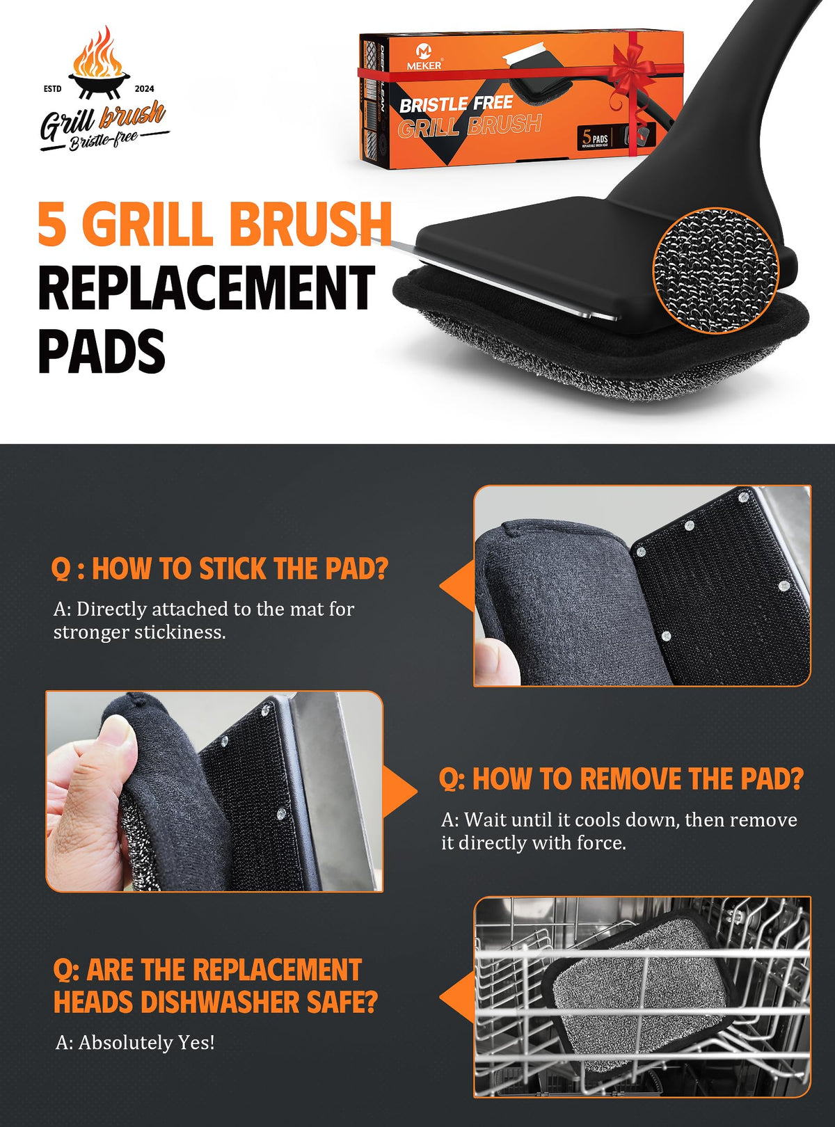 MEKER Bristle Free Grill Brush with 5 Replacement Heads, Black