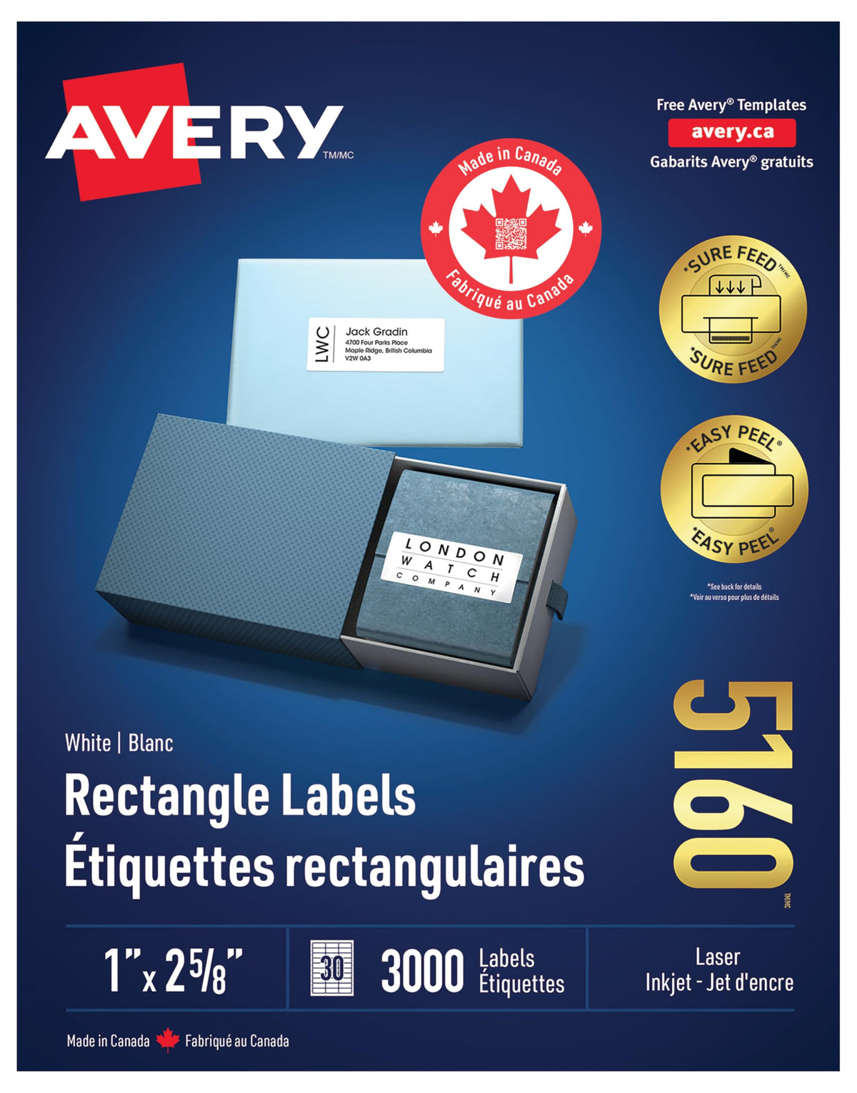 Avery 5160 White Rectangle Labels, 1" x 2-5/8", 3000 Count