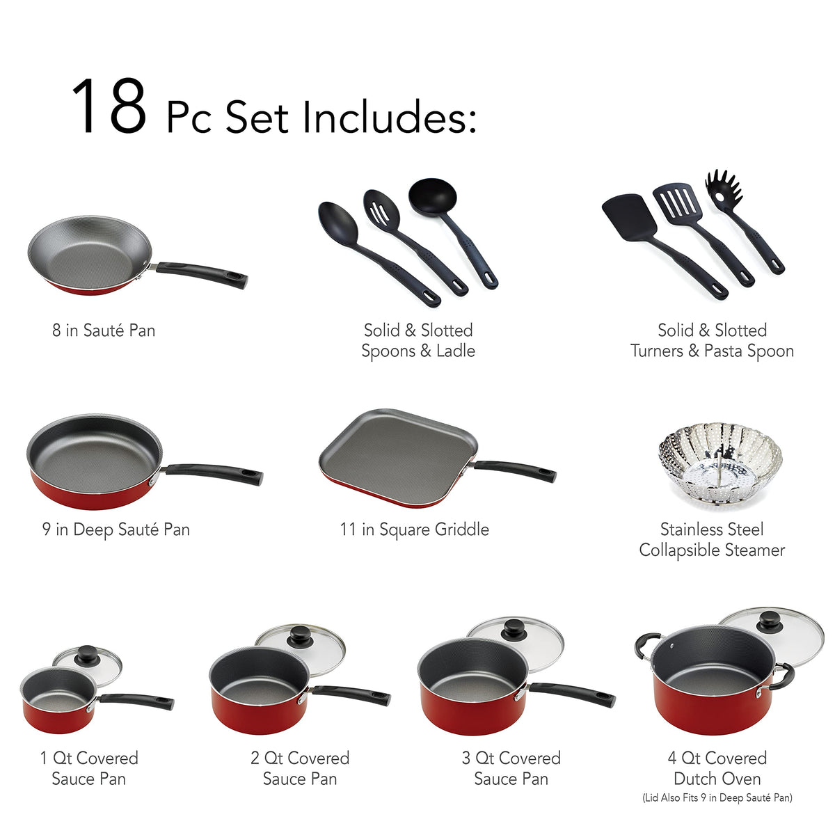 Tramontina PrimaWare 18-Piece Nonstick Cookware Set, Red