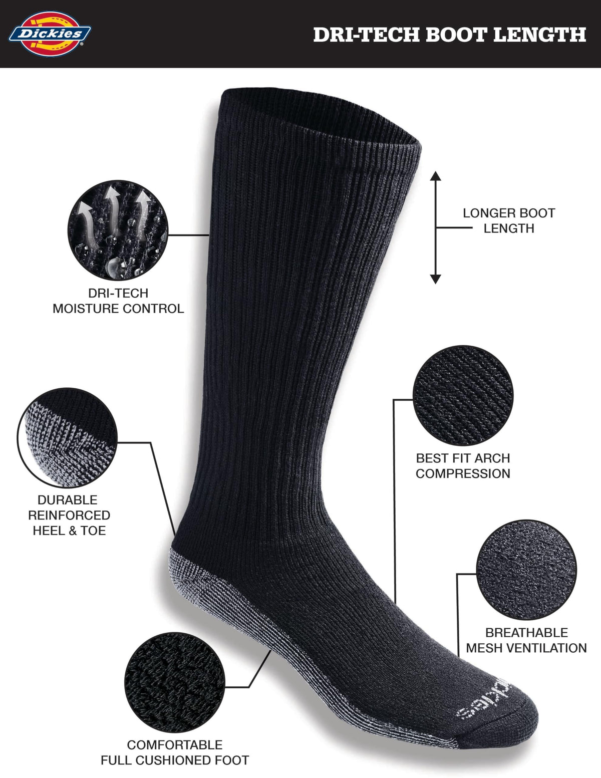 Dickies Men's Dri-Tech Moisture Control Socks, 6 Pairs, Black