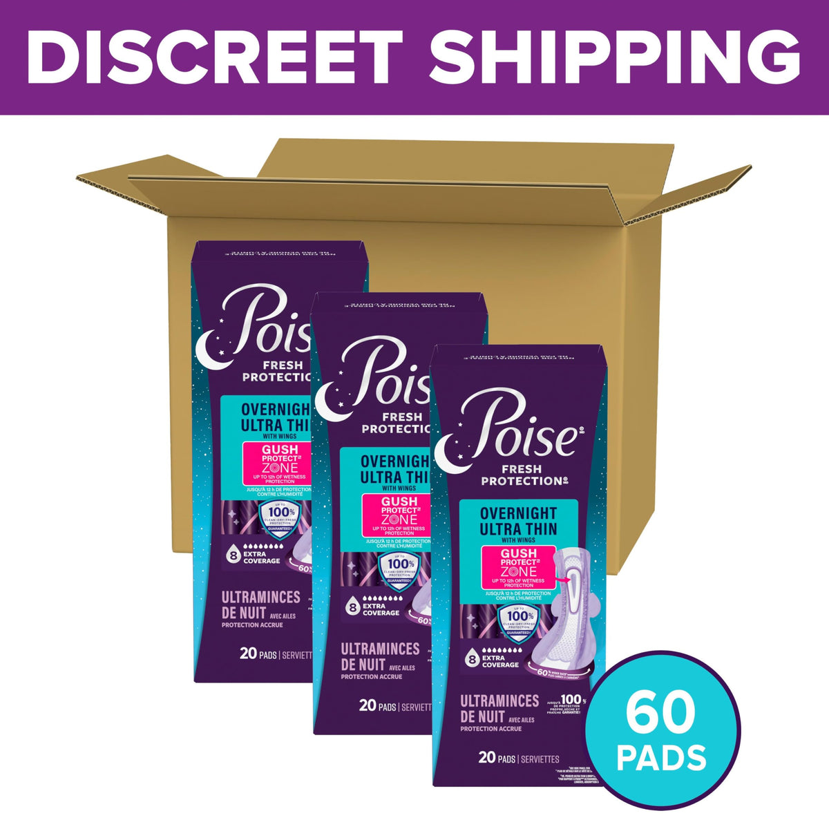 Poise Overnight Ultra Thin Incontinence Pads, Long, 60 Count