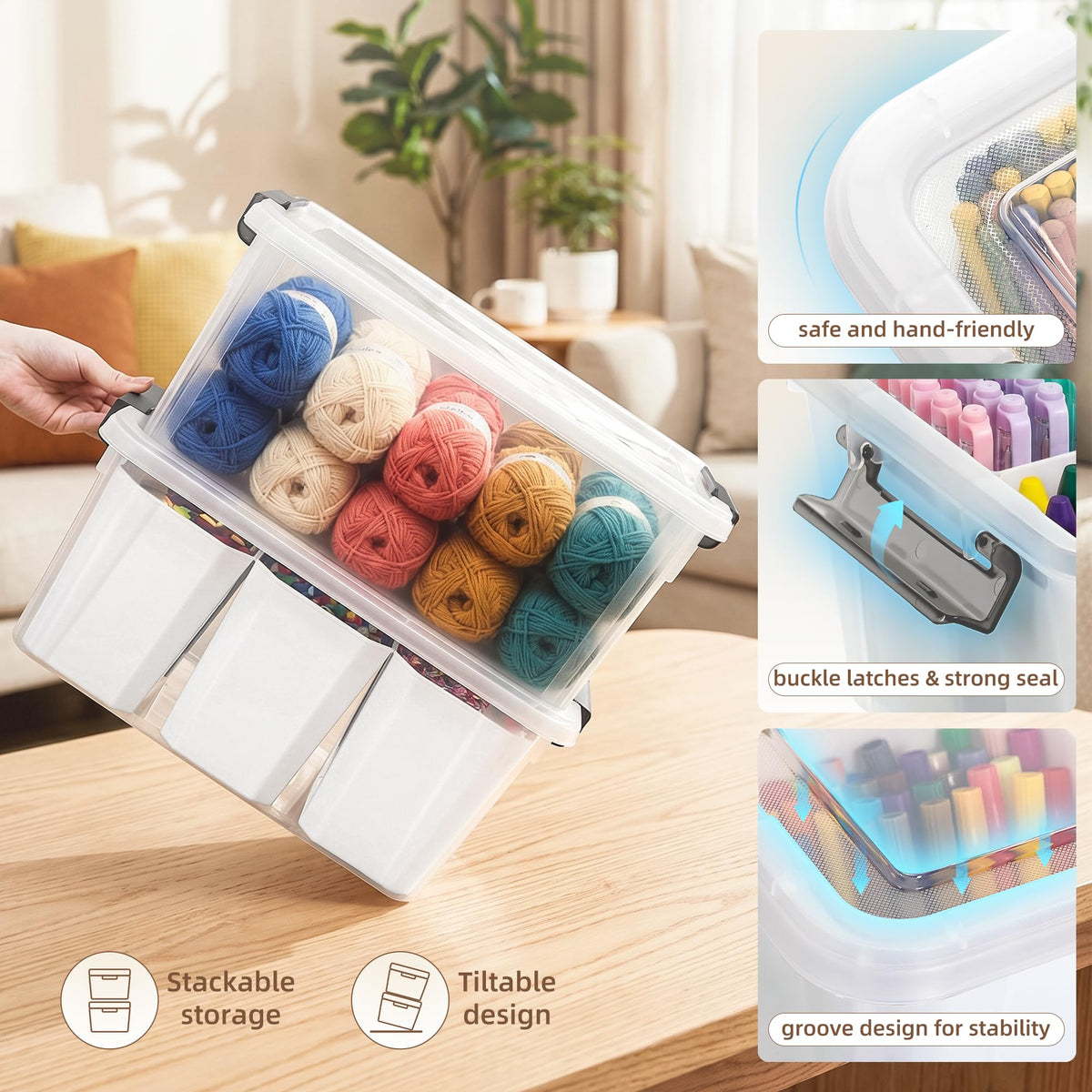 Citylife 17 QT Plastic Storage Bins with 6 Detachable Inserts, Clear