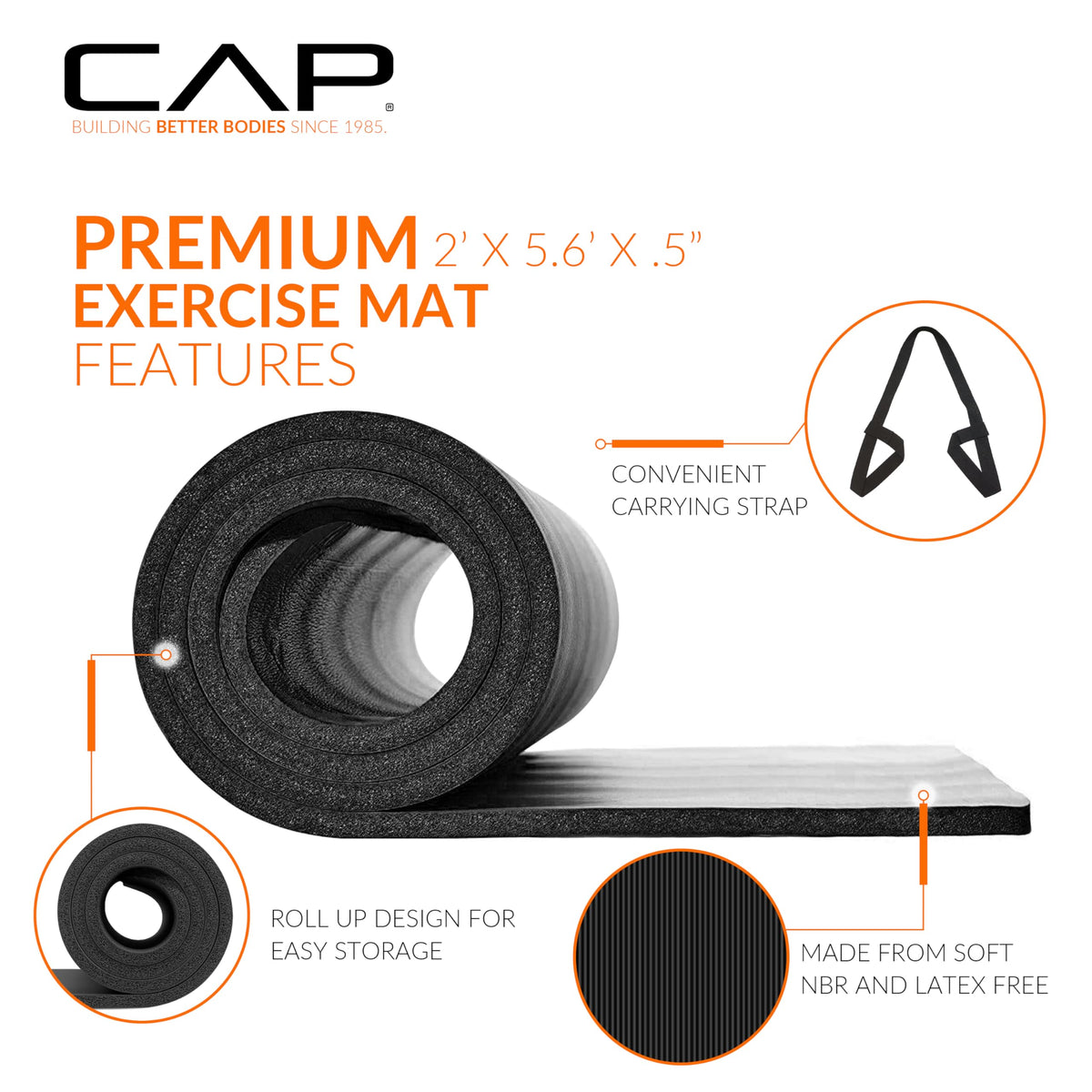 CAP Barbell Yoga Mat with Carrying Strap, 68" x 24" x 1/2", Black
