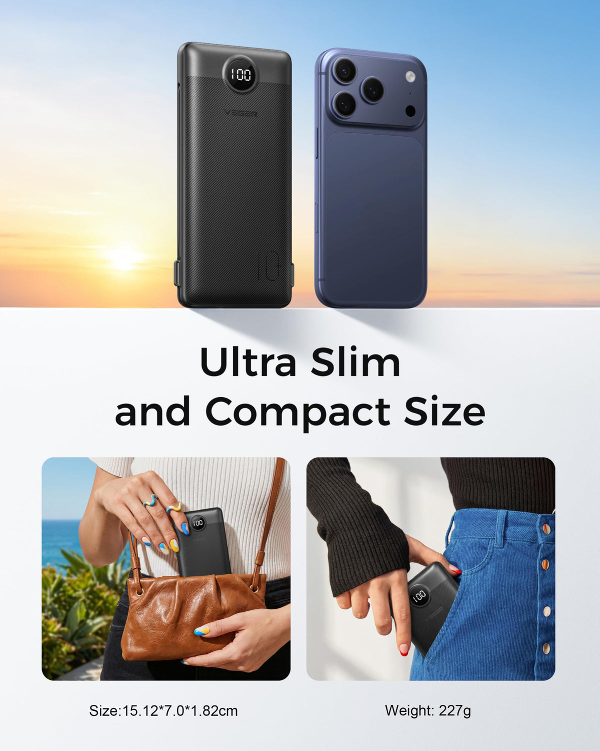 VEGER Portable Charger with Built-in Cables, 10000mAh, Black