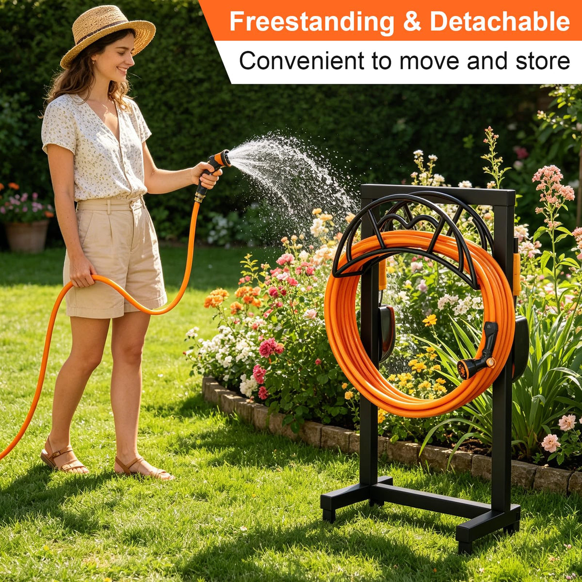 Freestanding Garden Hose Holder, Metal, 150 ft, Black