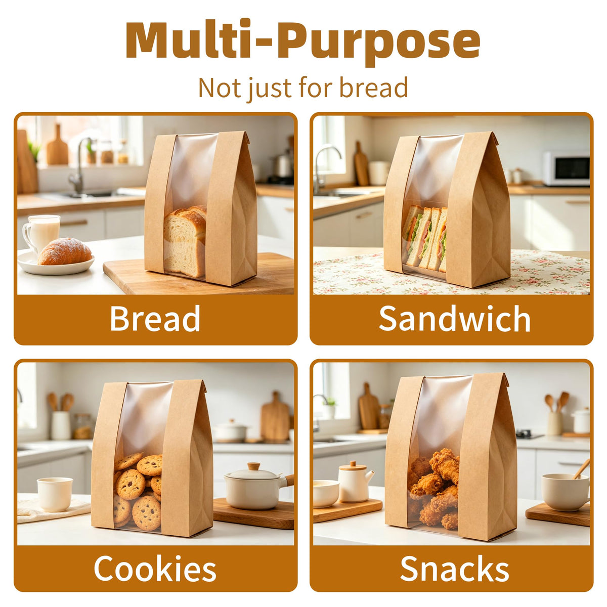 Homrelaxy Kraft Bread Bags with Window, 13.7 x 8.3 x 3.5 in, 60 Pcs
