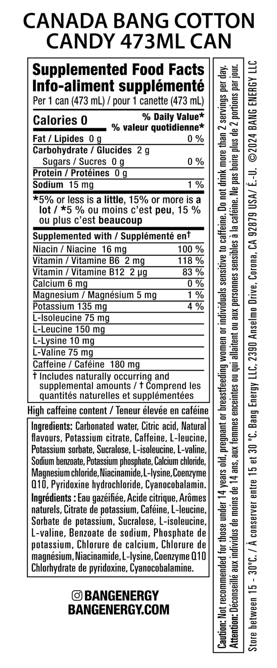Bang Energy Drink, Cotton Candy, 12 x 473 ml