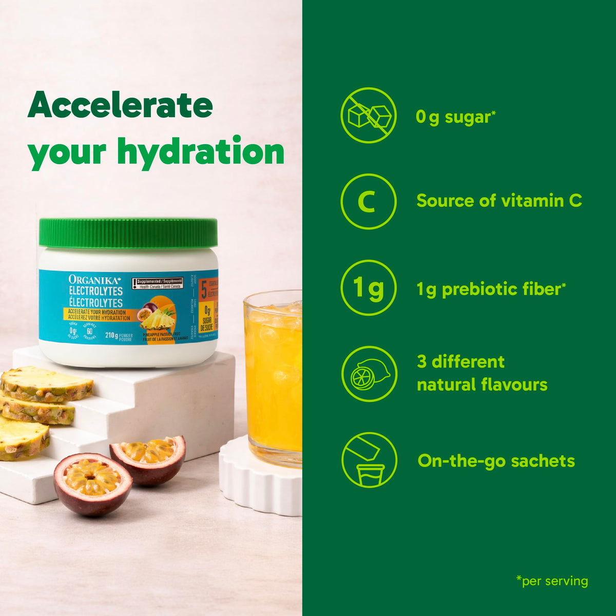 Organika Electrolytes Powder, Pineapple PassionFruit, 210 g