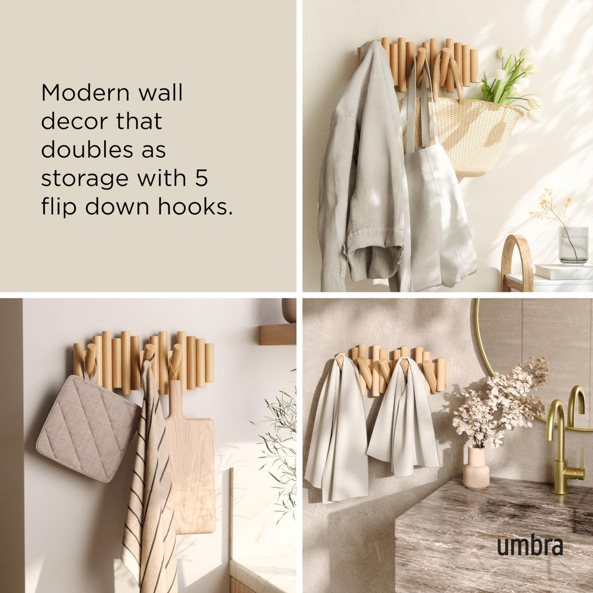 Umbra Picket Coat Rack, 5 Flip-Down Wood Hooks, Natural