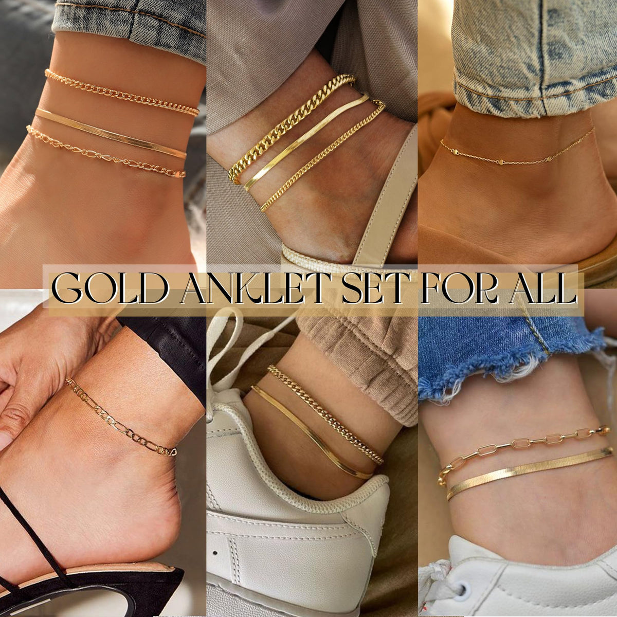 14K Gold-Plated Layered Anklet Set for Women, 5 Pieces, Adjustable