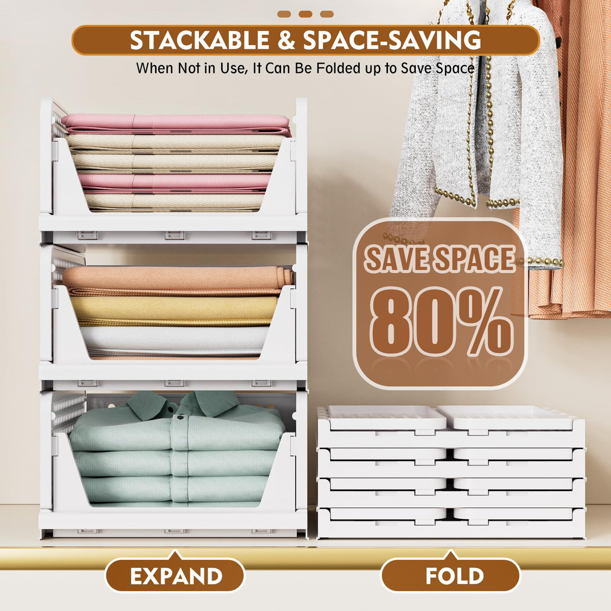 SNSLXH Foldable Stackable Closet Organizer Boxes, White (5 Pack)