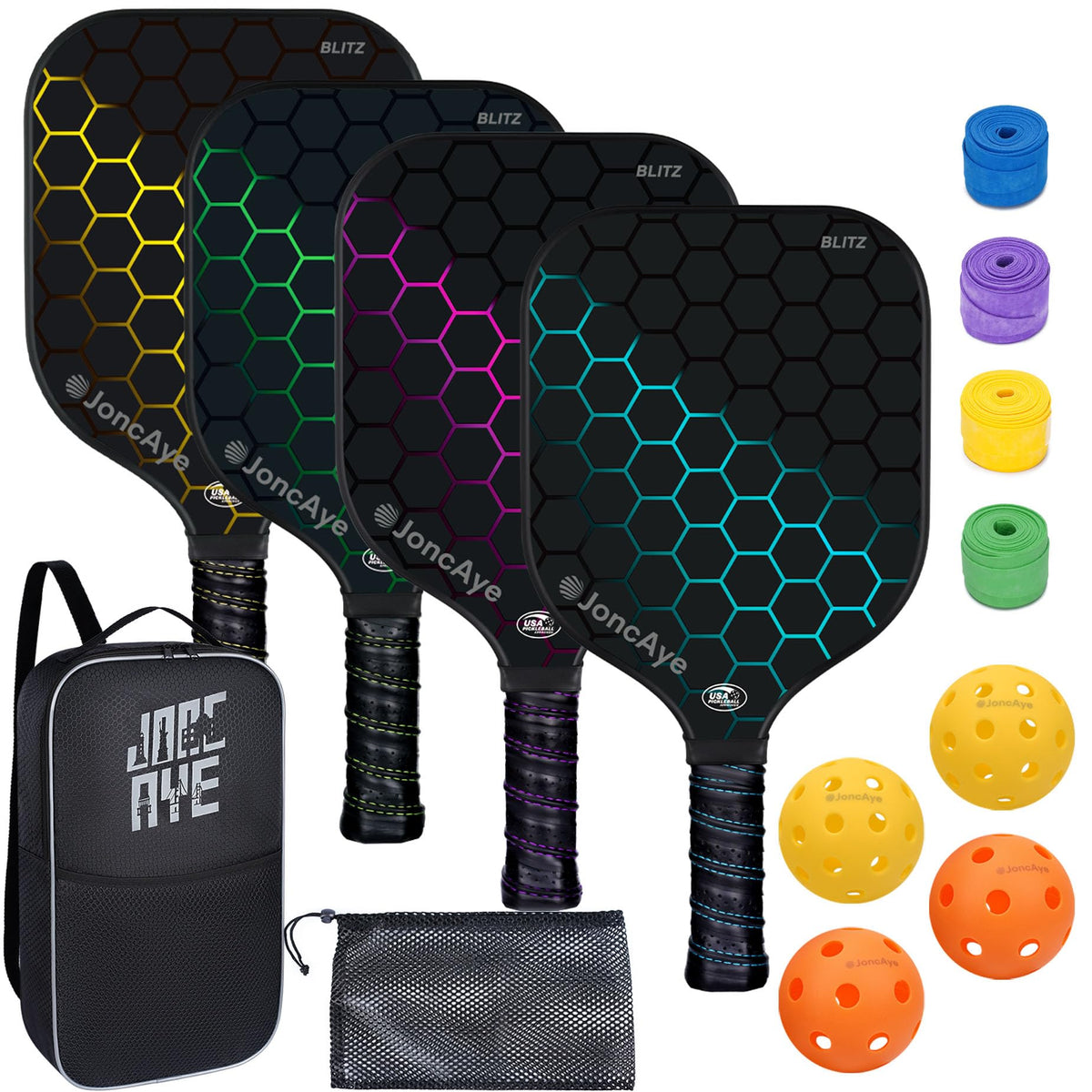 JoncAye Pickleball Paddle Set with 4 Paddles, Balls & Case