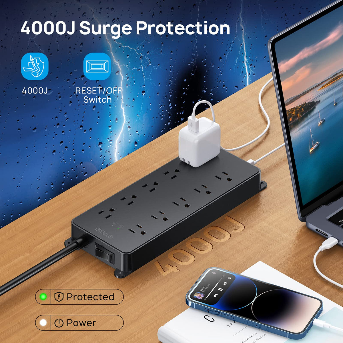 TROND Surge Protector Power Bar with 2 USB-C, 10 Outlets, 5 ft