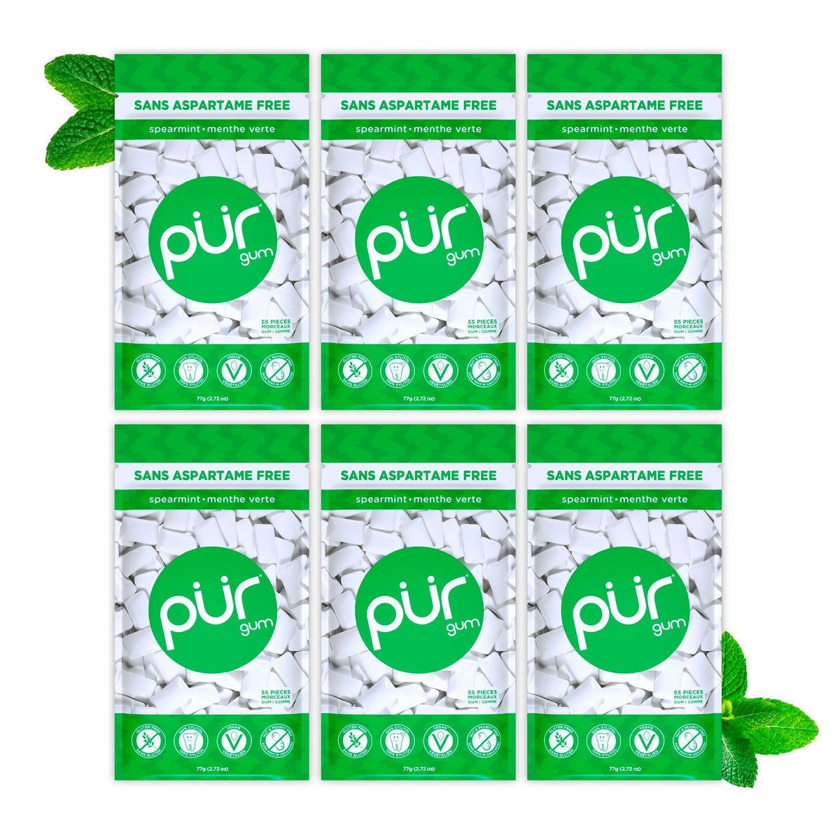 PUR Xylitol Spearmint Chewing Gum, 55 Pieces, Pack of 6