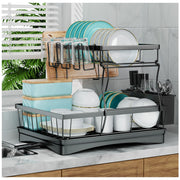 7 Code 2-Tier Large Dish Drying Rack with Drain Board, Black