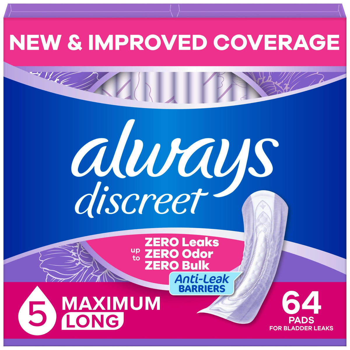 Always Discreet Incontinence Pads for Women, Maximum, Long, 64 Count