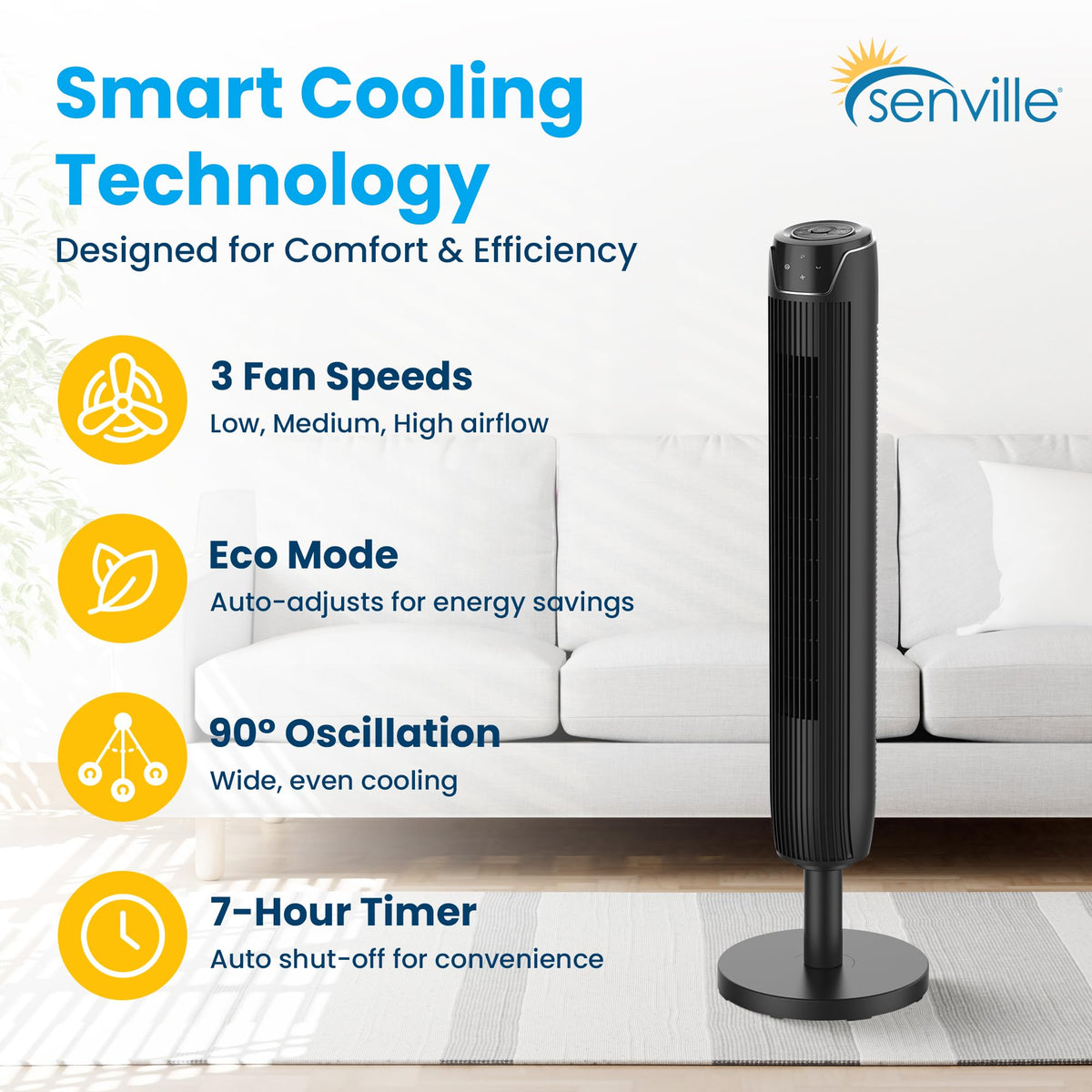 Senville 42" Oscillating Tower Fan for Bedroom, Black