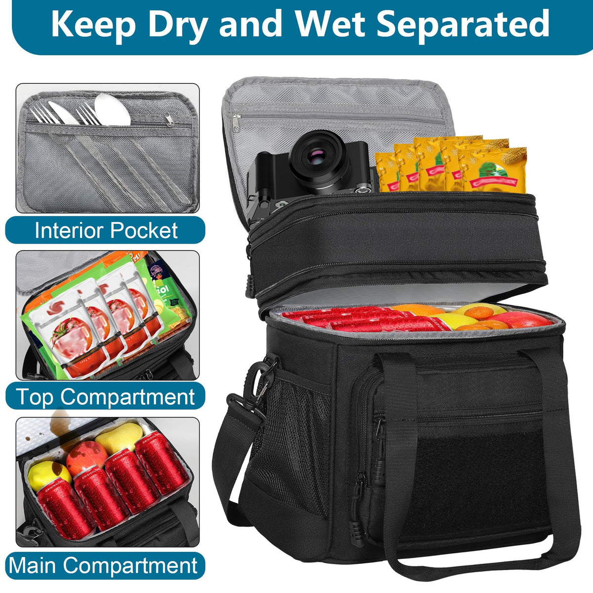 Tactical Insulated Lunch Box Cooler Bag for Men, Black, 16 L