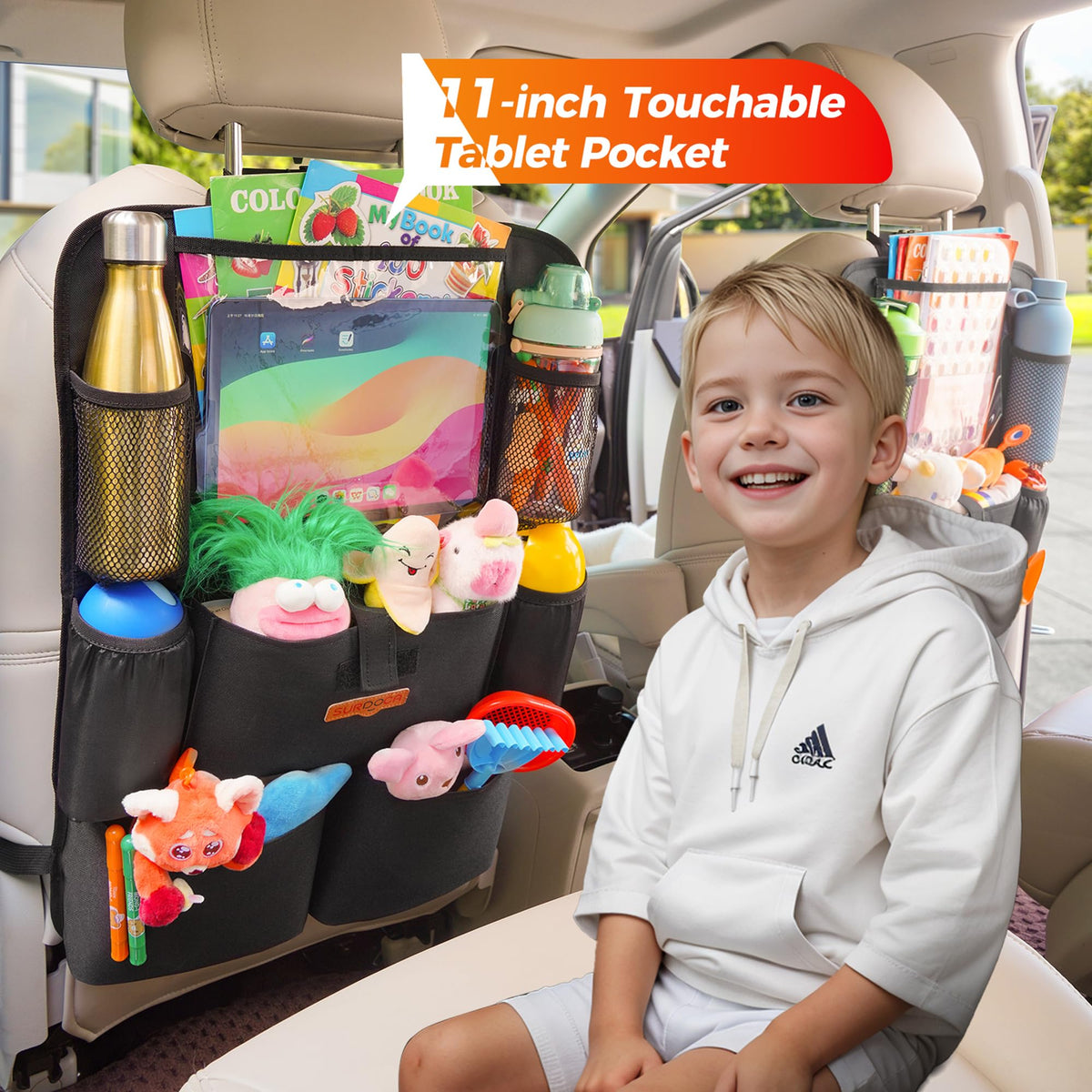 SURDOCA Backseat Car Organizer with 11-Inch Tablet Holder, Black