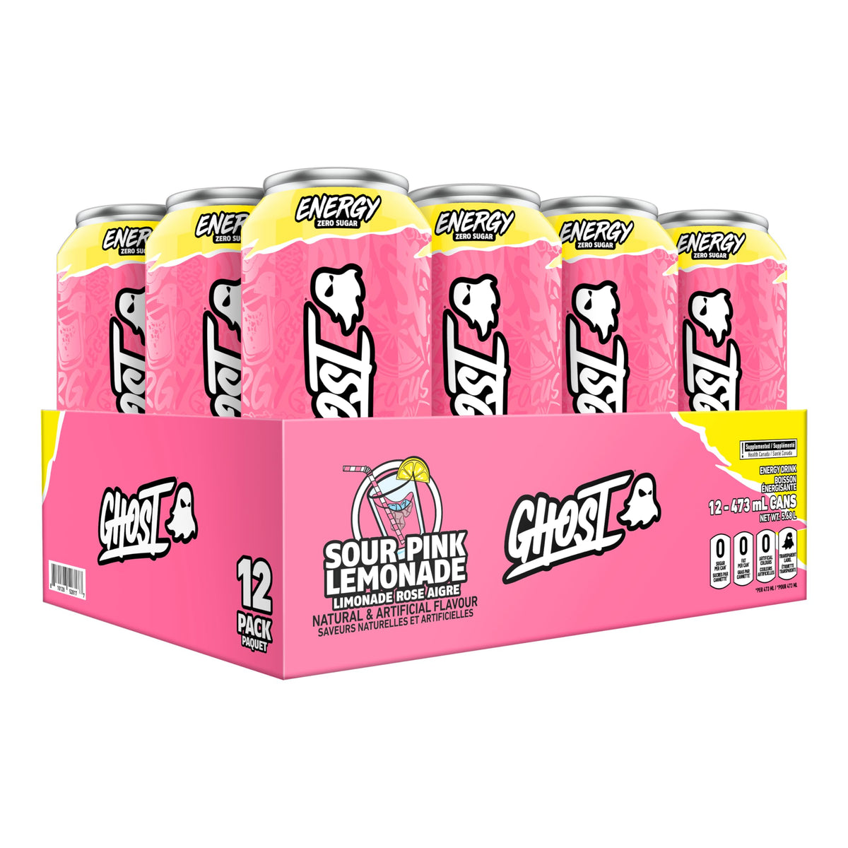 Ghost Energy Drink, Sour Pink Lemonade, 12 Cans