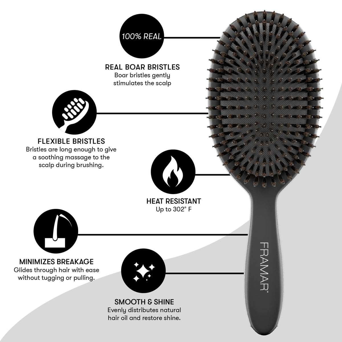 FRAMAR Boar Bristle Hair Brush, Black