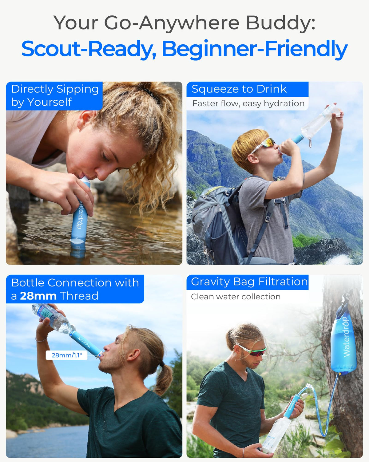 Waterdrop Gravity Water Filter Straw with 1.5 Gal Bag