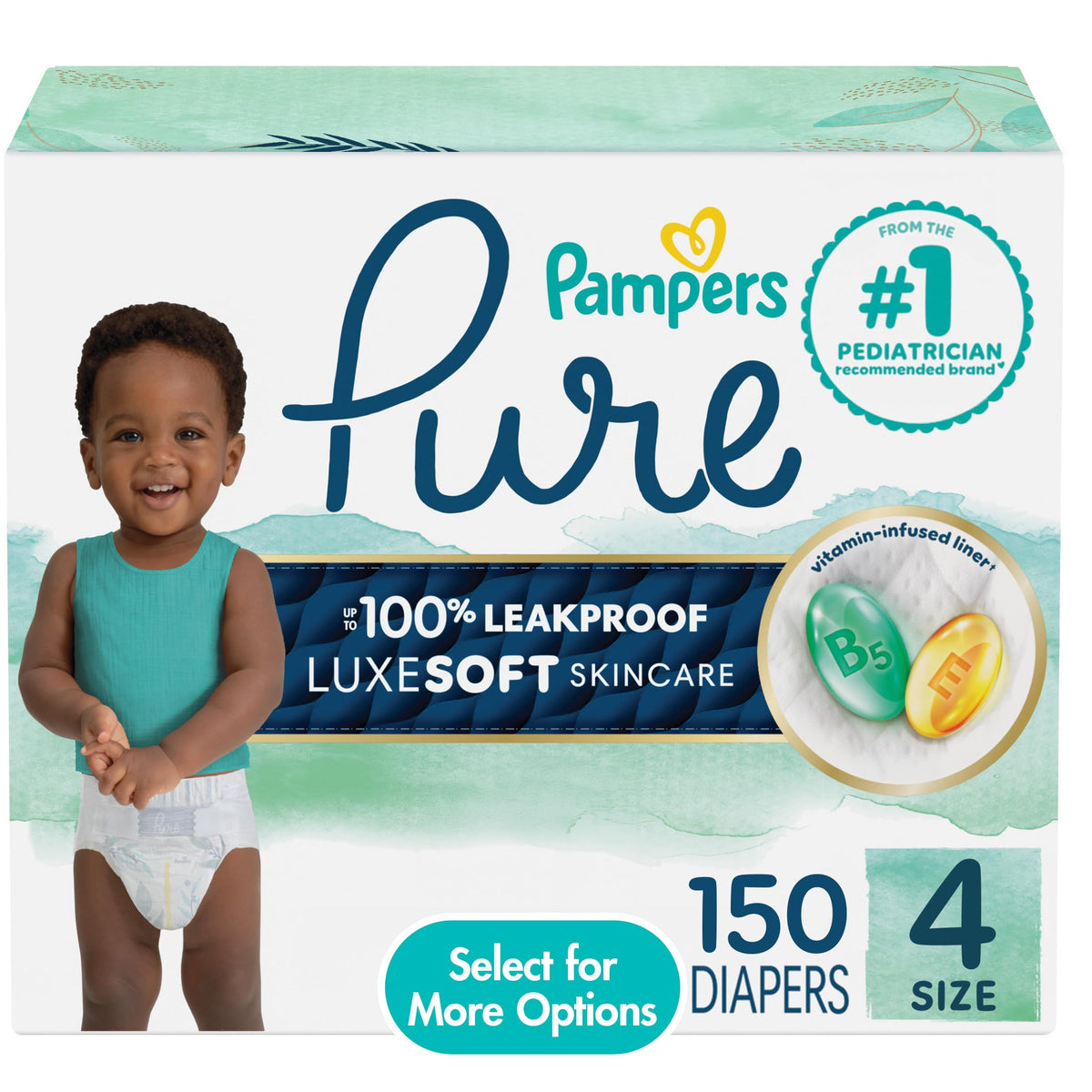 Pampers Pure Baby Diapers, Size 4 (22-37 lbs), 150 Count