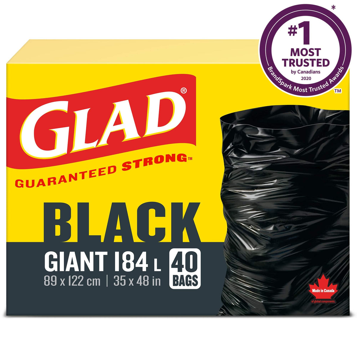 Glad Black Garbage Bags, Giant 184 L, 40 Bags