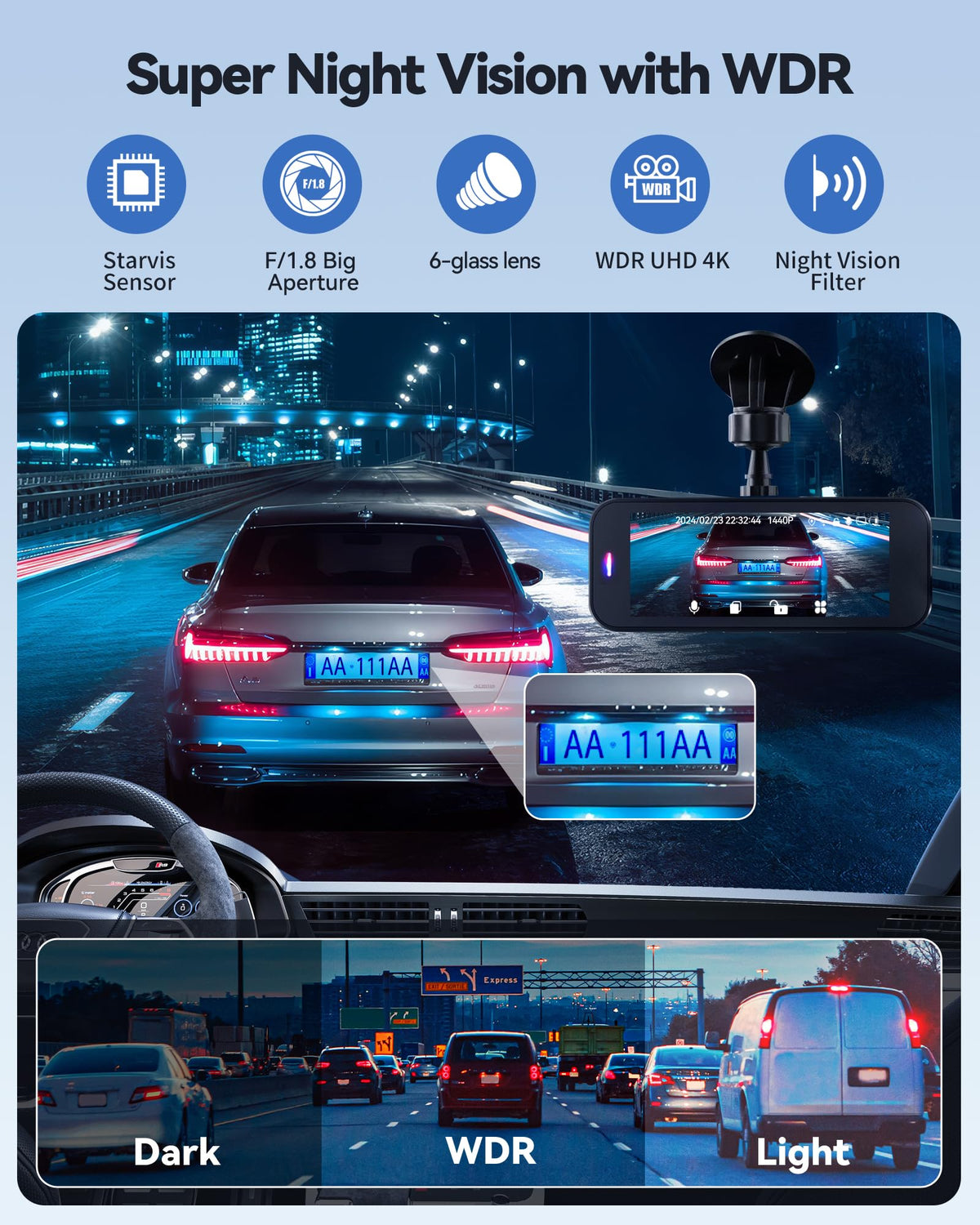 Kyltoor A4 4K Front and Rear Dash Cam with Wi-Fi, 32GB