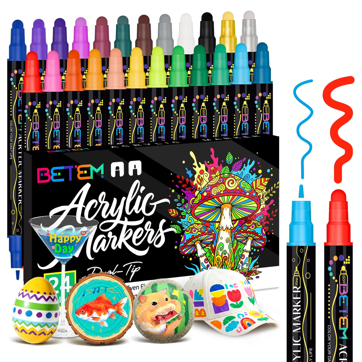 Betem Dual Tip Acrylic Paint Pens, 24 Colours