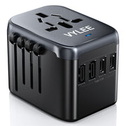 VYLEE 5-in-1 Universal Travel Plug Adapter, 2 USB-A, 2 USB C, Grey