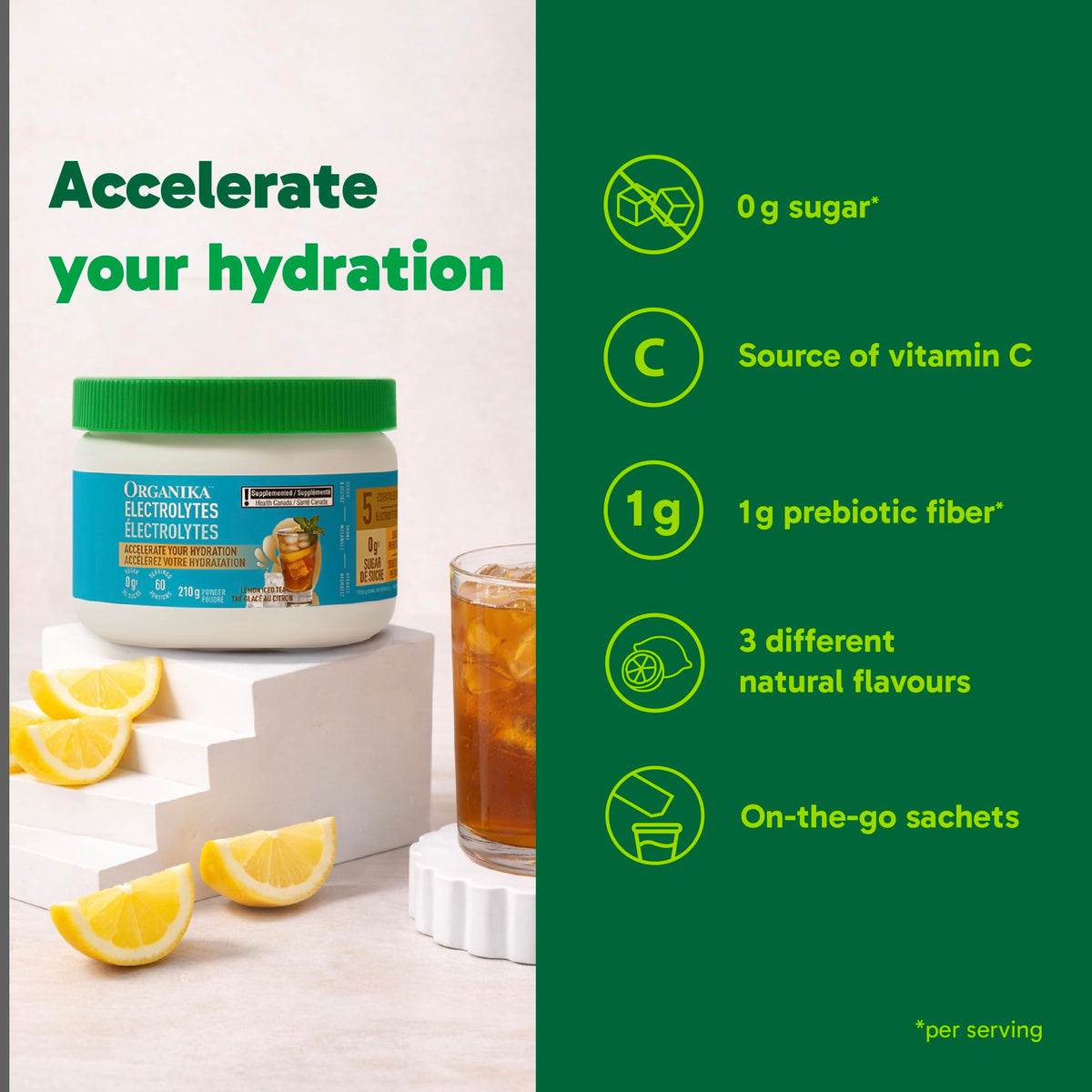 Organika Electrolytes Powder, Lemon Iced Tea, 210 g