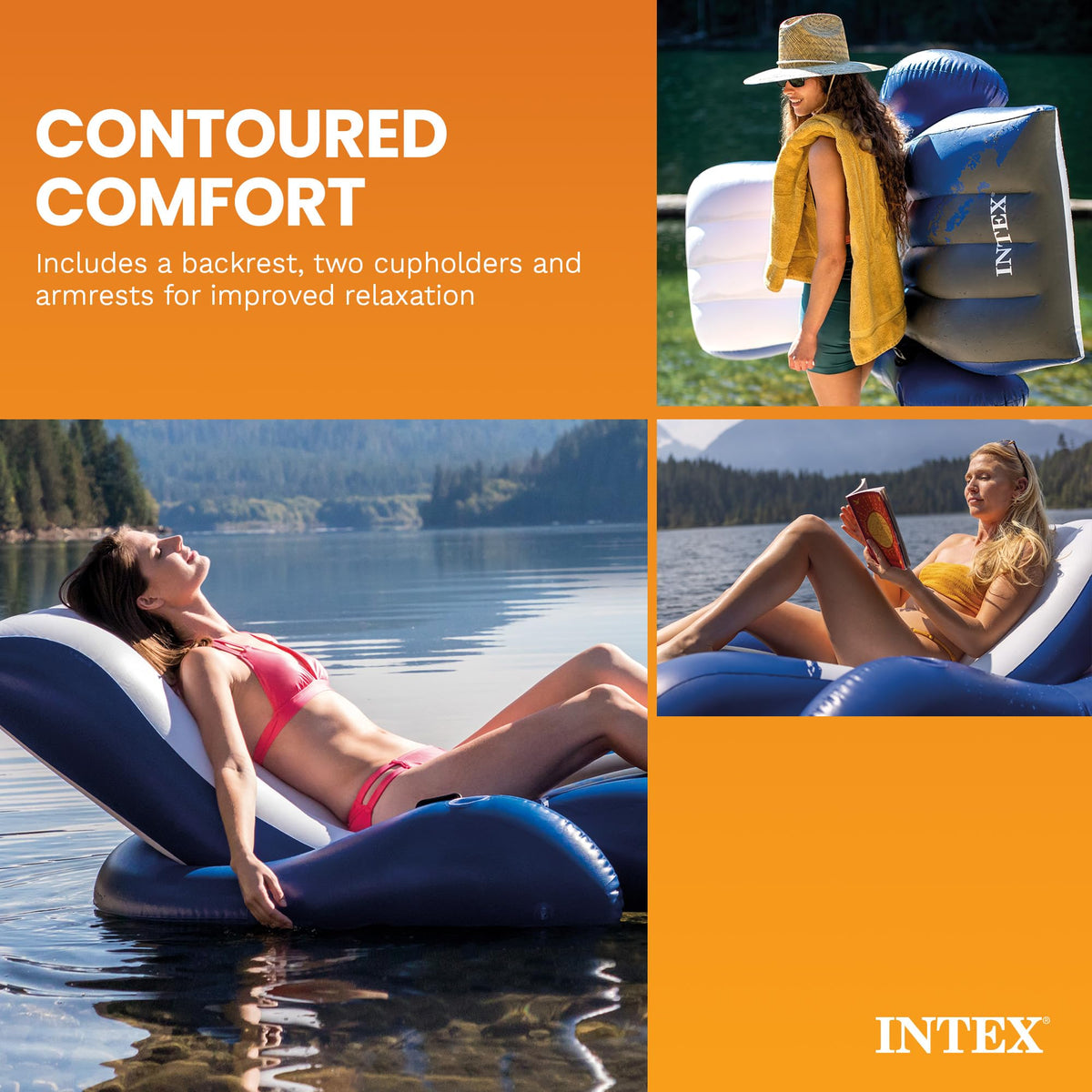 Intex Floating Recliner Inflatable Lounge, 71 x 53 Inch, Blue, 58868EP