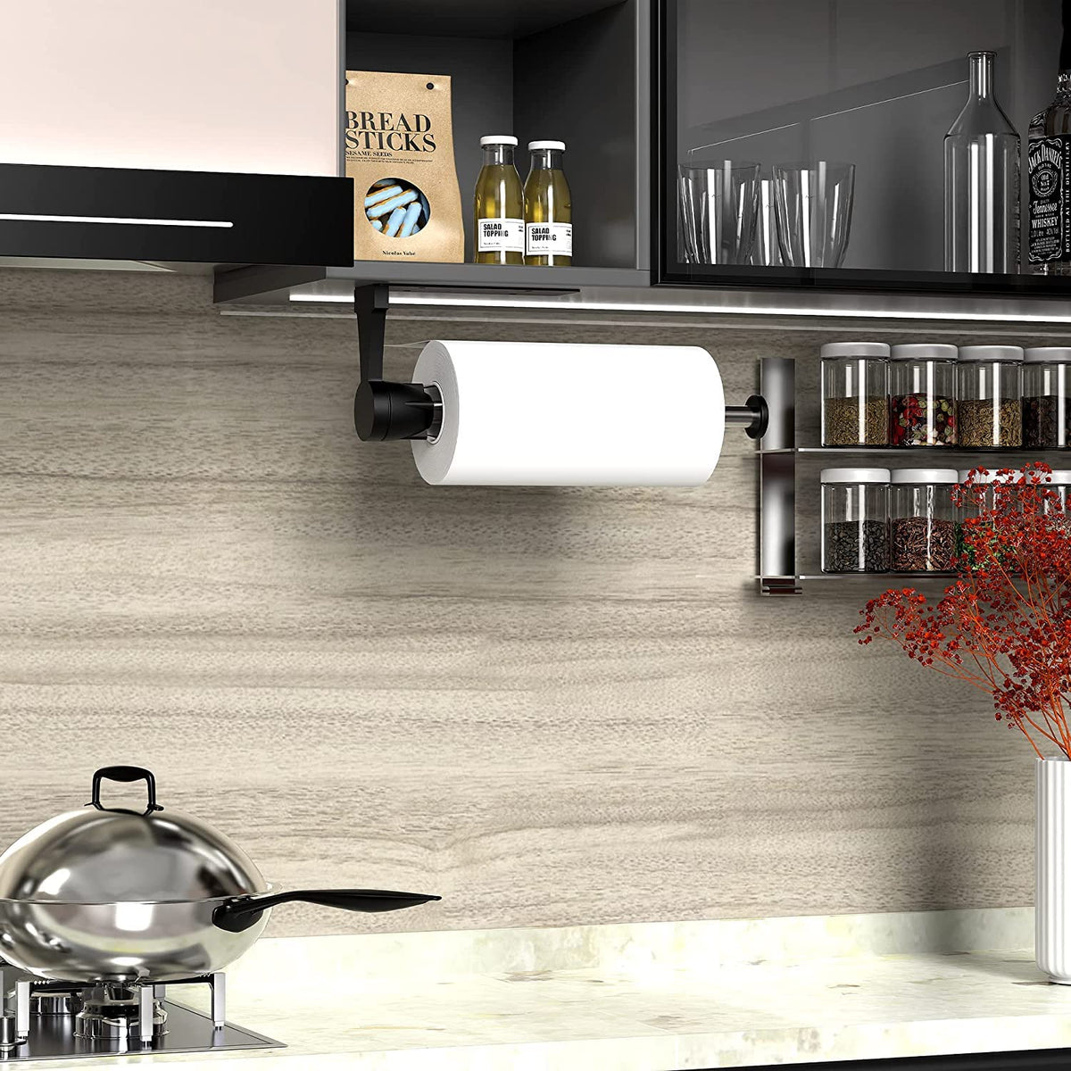 Vehhe Under Cabinet Paper Towel Holder with Ratchet System, Black