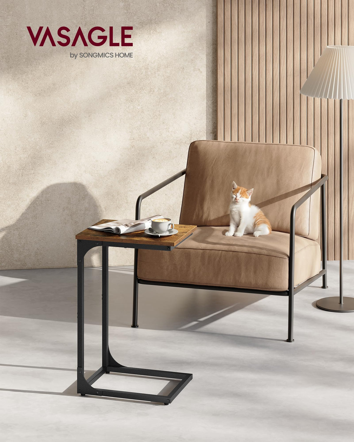 Vasagle C-Shaped End Table with Metal Frame, Rustic Brown, ULET350B01