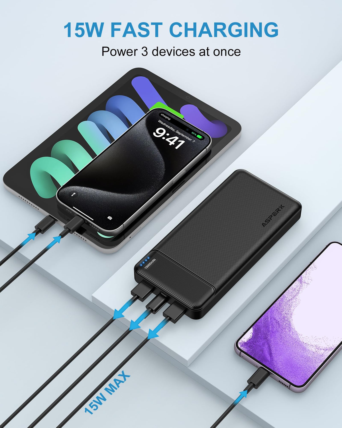 AsperX 15000mAh Portable Charger Power Bank, 3A, USB C, 2 Pack
