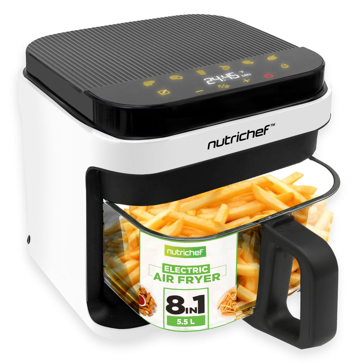 NutriChef 5.8 Quart Air Fryer, 8 Preset Cook Modes, White
