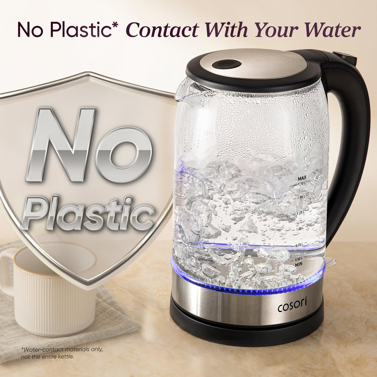 Cosori Glass Electric Kettle, 1.7 L, 1500 W, Black