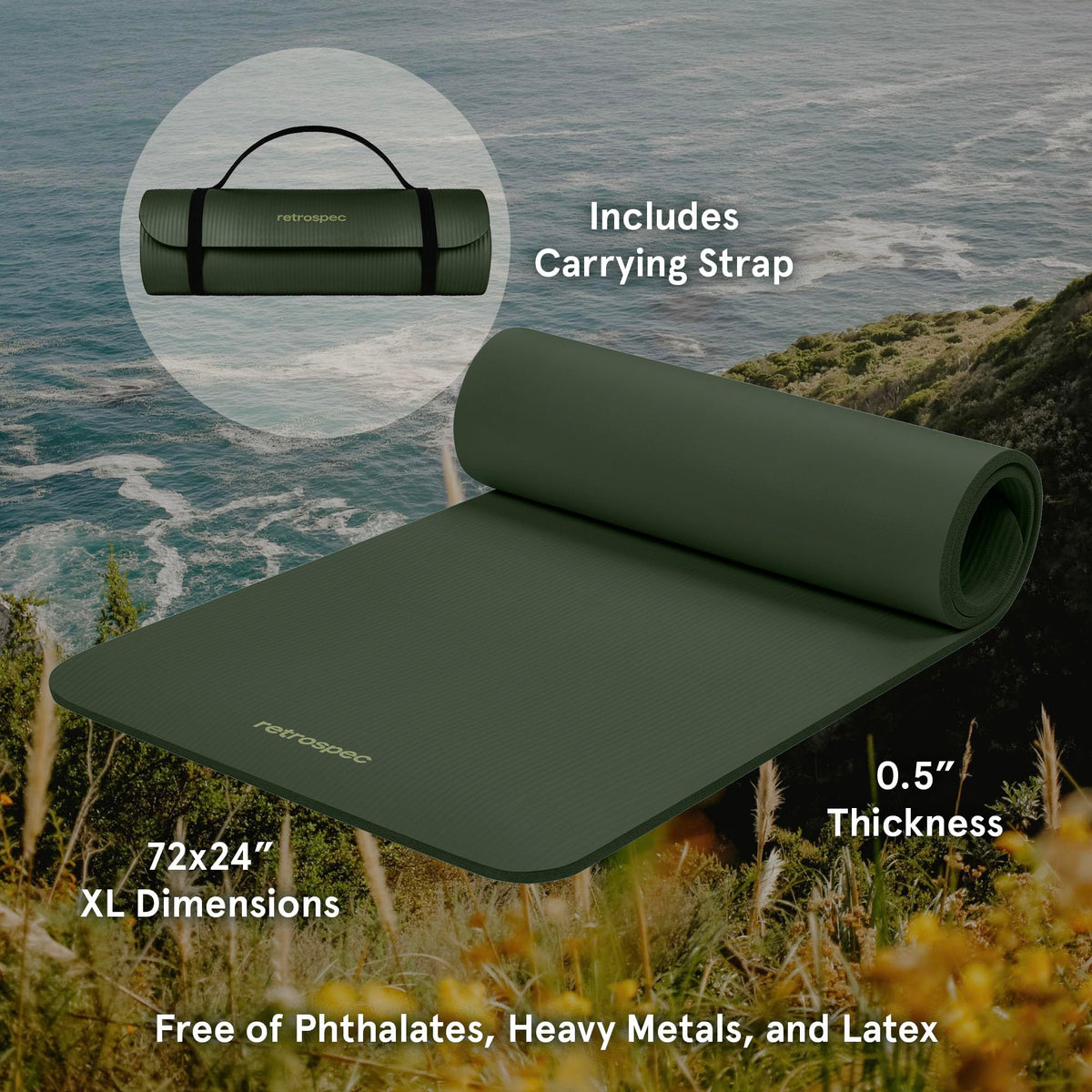 Retrospec Solana Yoga Mat with Strap, 1/2", Wild Spruce