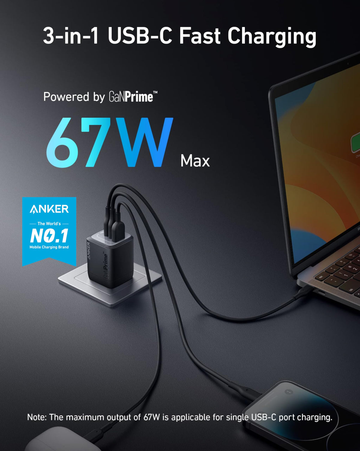 Anker Prime 67W USB C Charger, 3-Port GaN