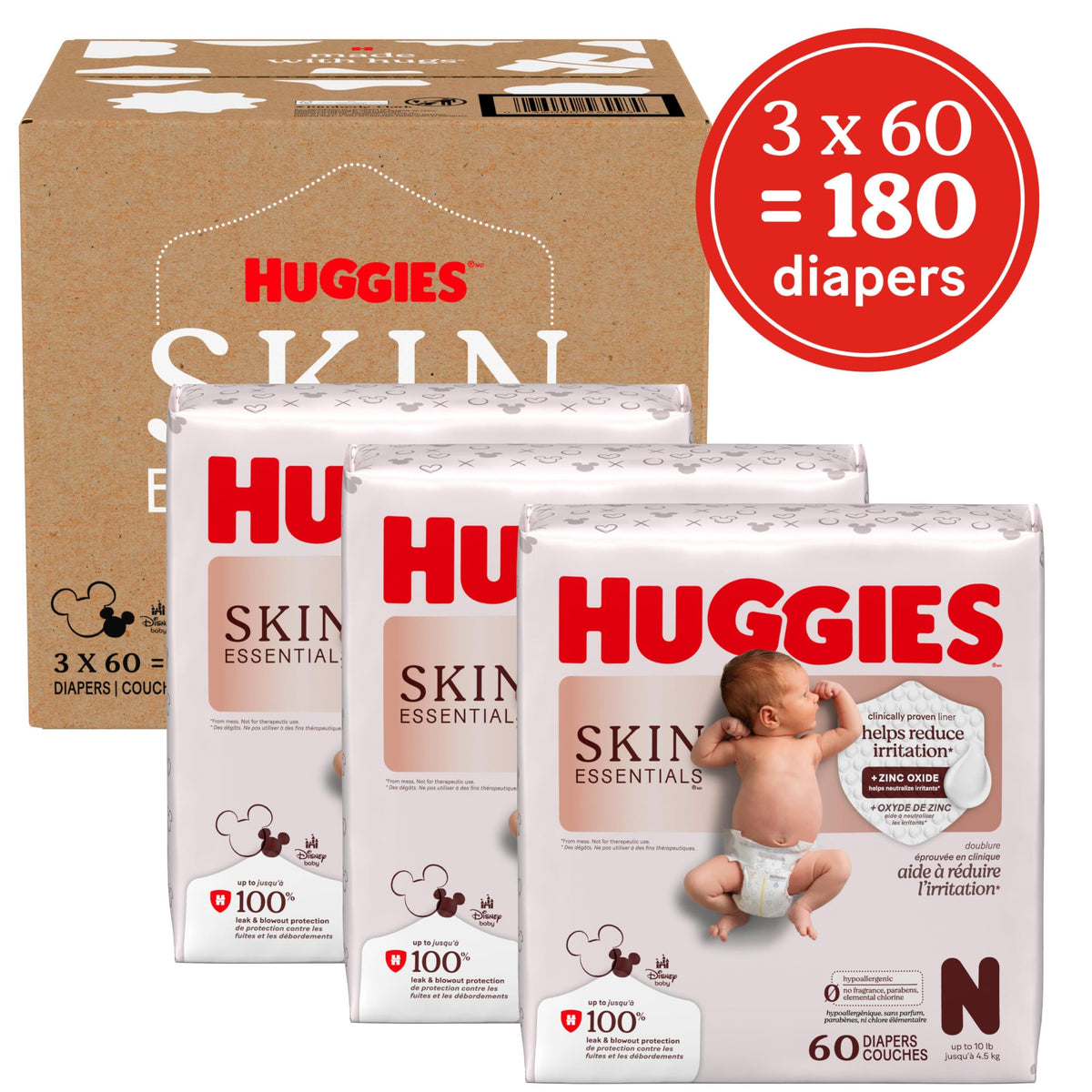 Huggies Skin Essentials Baby Diapers, Newborn (6-9 lbs), 180 Count