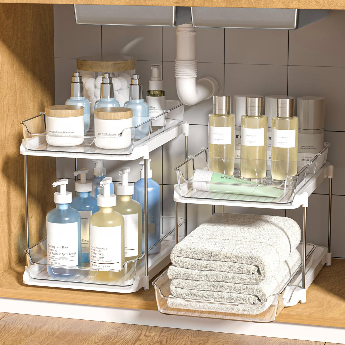 Delamu 2-Tier Under Sink Organizer with Dividers, White, 2 Pack