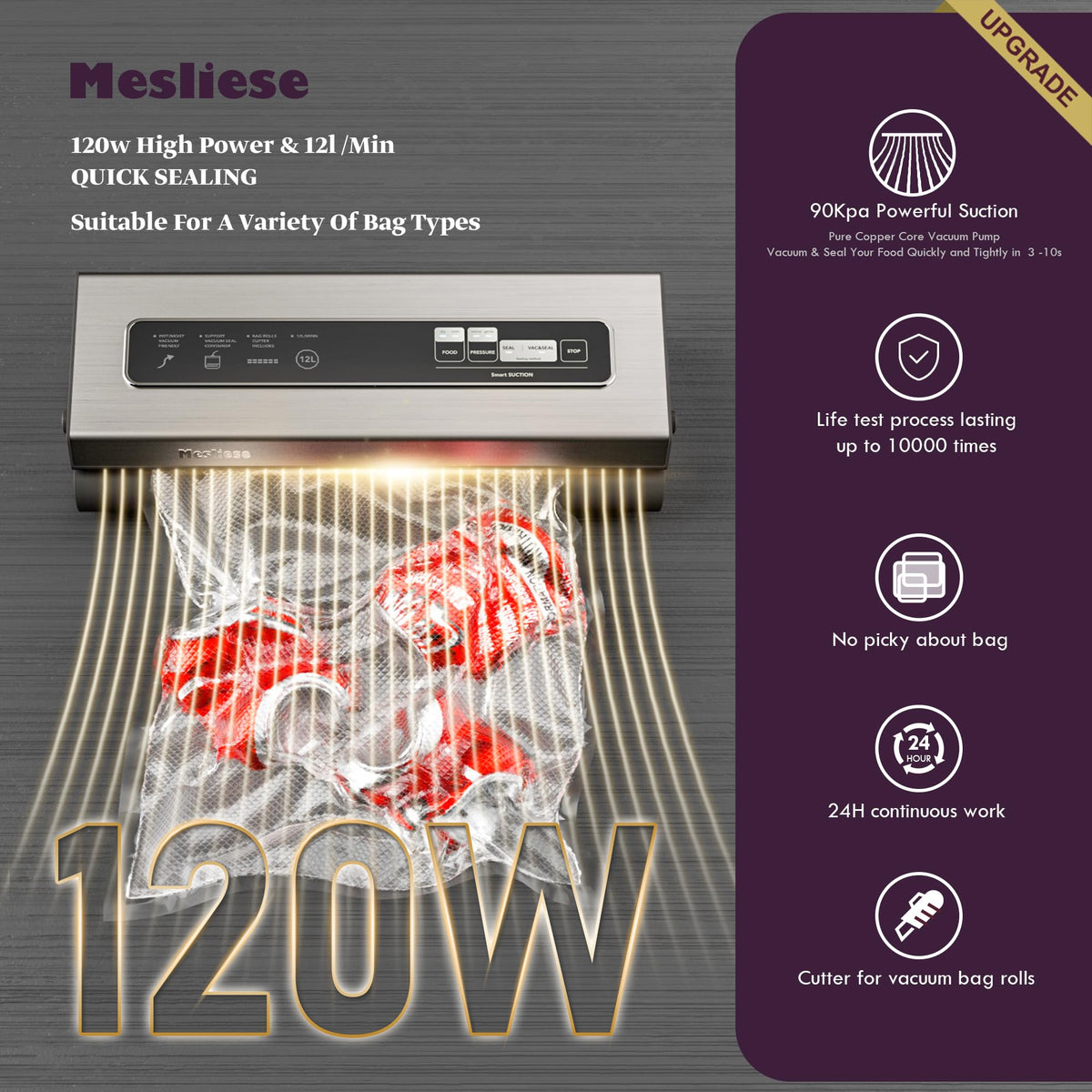 Mesliese 6-in-1 Vacuum Sealer Machine, 90Kpa, with Cutter, Silver